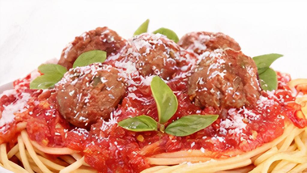Spaghetti & Meatballs · Noodles topped with meatballs, sauce, Mozzarella and parmesan cheese.