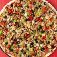 Bbq Beef Pizza (Large) · BBQ sauce, beef, onions, tomatoes, green bell pepper and mushrooms.