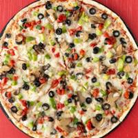 Veggie Plus Pizza (Large) · Olives, green bell peppers, onions, mushrooms, tomatoes and extra cheese.