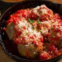 Meatballs · Skillet Baked Italian meatballs, marinara, Romano Cheese