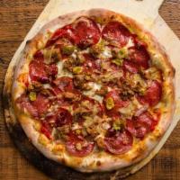 Crazy Train (Red Sauce) · Pepperoni, hot Italian sausage, bacon, caramelized onions, garlic, oregano, hot cherry peppe...