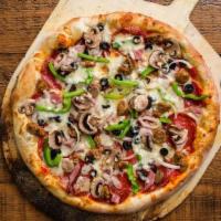 Pride And Joy (Red Sauce) · Pepperoni, sweet Italian sausage, ham, black olives, mushrooms, green bell peppers, extra Mo...