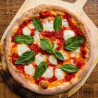 Margherita (Vegetarian)(Red Sauce) · Fresh Mozzarella cheese, Romano cheese, fresh basil, tomato sauce, extra virgin olive oil