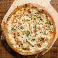 My Generation (White Sauce) · Grilled chicken, bacon, red onion, Swiss cheese, Mozzarella cheese, Romano cheese, parsley ,...