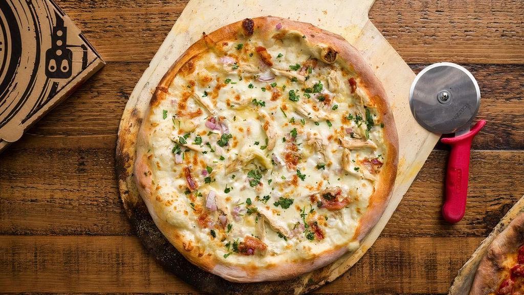 My Generation (White Sauce) · Grilled chicken, bacon, red onion, Swiss cheese, Mozzarella cheese, Romano cheese, parsley , peppercorn ranch dressing, cream sauce
