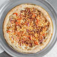 Gyro Pizza · Tzatziki sauce, gyro meat, red onions and Roma tomatoes.