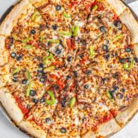 Jumbo Jet Pizza · Pepperoni, Canadian bacon, salami, Italian sausage, onions, black olives, mushrooms, green p...