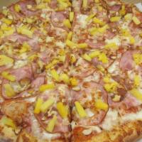 Deluxe Hawaiian Pizza · Canadian bacon, pineapple, sun dried tomatoes, onions and parmesan cheese.