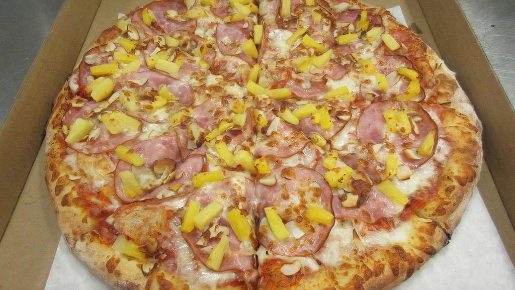 Deluxe Hawaiian Pizza · Canadian bacon, pineapple, sun dried tomatoes, onions and parmesan cheese.