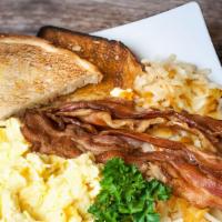 Bacon Or Sausage Links & Eggs · 4 thick cut Bacon strips  OR   3 Sausage Links.
served with hashbrowns and choice of toast.