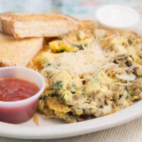 Italian Joe'S Scramble · A hearty, home style favorite.  Cooked with sweet Italian sausage, fresh spinach, chopped on...
