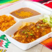 Combo 12-(2) Thick Double Wrapped Enchiladas · Served with rice and beans.