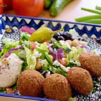 Mediterranean Falafel Salad · Greek salad, falafel