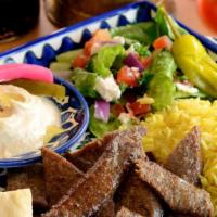 Beef & Lamb Gyro Plate · Thin sliced beef and lamb seasoned Gyro style, served over a bed of rice, with side of Greek...