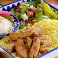 Athenian Chicken Gyro Plate · Grilled chicken seasoned with Greek spices, served over a bed of rice, with side of Greek sa...