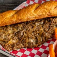Cheese Steak · Thinly sliced rib eye with caramelized onions melted American and provolone cheese on a toas...