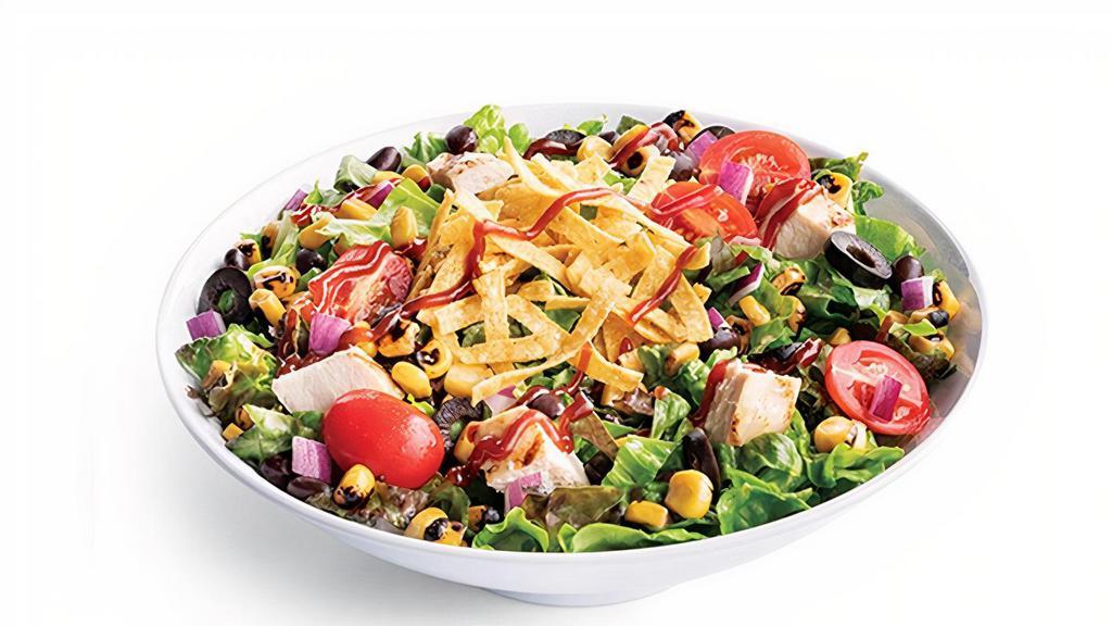 Bbq Chicken · House-Chopped Mixed Greens, Cage-Free Chicken, Red Onions, Grape Tomatoes, Fire-Roasted Corn, Black Olives, Black Beans & Tortilla Strips with Buttermilk Ranch Dressing & Sweet BBQ Sauce