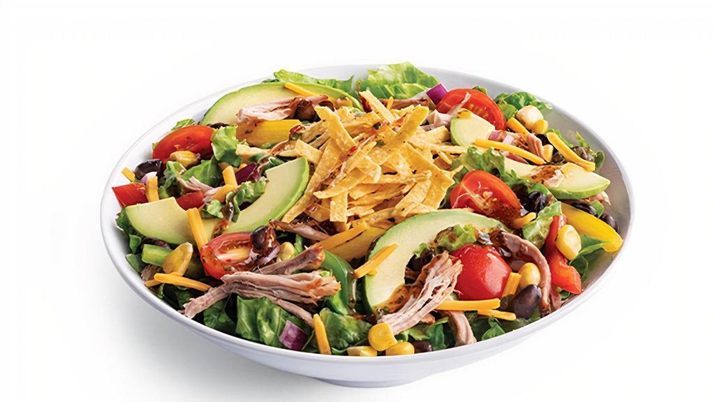 Chipotle Glazed · Choose Cage-Free Chicken or Braised Pork Shoulder, House-Chopped Mixed Greens, Red Onions, Tomatoes, Fire-Roasted Corn, Black Beans, Tri-Color Peppers, Cheddar Cheese, Hass Avocado & Tortilla Strips with Chipotle Ranch & Honey Cilantro Glaze