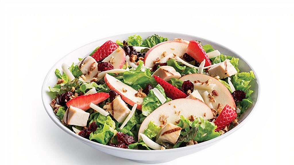 Strawberry Harvest · House-Chopped Mixed Greens, Cage-Free Chicken, Strawberries, Fontina Cheese, Gala Apples, Dried Cranberries & Candied Pecans with Strawberry Champagne Vinaigrette