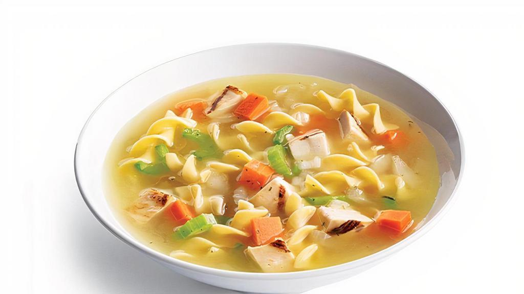 Chicken Noodle · Grilled Chicken, Carrots, Celery, Onions, Herbs & Spices In A Light Chicken Broth, Served Over Egg Noodles.