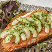 Salmon Toast · Farmed smoked salmon,
cream cheese, cucumber, basil leaves