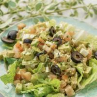 Tomato Mozzarella Salad · Romaine lettuce, tomato mozzarella, basil leaves, black olive, avocado, pesto balsamic vinai...