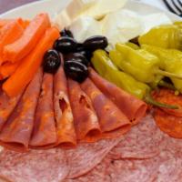 Antipasto Platter · Fresh mozzarella cheese, capocollo, salami, pepperoni, pepperoncini, carrots, kalamata olives
