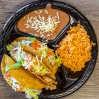 Three Crispy Taco Platter  · Lettuce, tomateo, sour cream and cheese . Comes with rice and beans