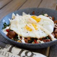Ham Hash · Diced country ham, breakfast potatoes, red peppers, onions, bacon, and sautéed kale, topped ...