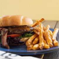 The Pig Burger · Ground beef (grass fed, no hormones or antibiotics) Caramelized onions, cheddar, bacon, roas...