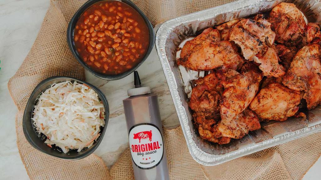 Family Meal Pack · Comes with choice Meat and Sides
- 3 lbs. of Smoked Pulled Pork or
- 3 lbs of Smoked Bonless Chicken
- 1 dozen dinner rolls
- 1 qt. mashed potatoes (gravy on side) or
- 1 qt. of BBQ Baked Beans
- 1 pint coleslaw
- 1 bottle Original BBQ sauce
- 8 sets silverware/napkin packets