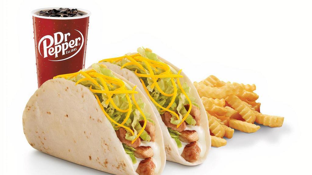 2 Grilled Chicken Tacos Meal · Two Grilled Chicken Tacos, plus our famous Crinkle Cut Fries and a refreshing beverage.