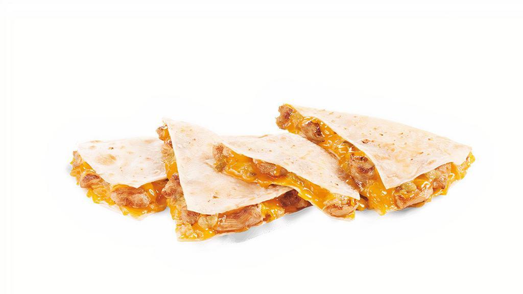 Chicken Cheddar Quesadilla · Freshly grilled, marinated chicken, freshly grated cheddar cheese, and tangy green sauce folded in a flour tortilla and flat-grilled to perfection.