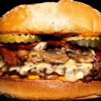Fun Guy · Bacon, Mushroom, Swiss Fondue, House Sauce, Grilled Onion & Pickle. Fries included.
