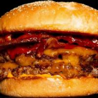 Meathead · Bacon, Double Patties, Double Cheddar, Grilled Onion, House Sauce & Ketchup. Fries included.