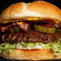 No Cheese Burger · Bacon, Bubbies Sweet Pickles, Mayo,  Beaver Brand Picnic Mustard, Lettuce & Onion. Fries inc...
