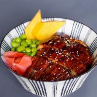 Donburi Eel Bowl · Torched Eel Served Over Furikake Rice, Sea Salt, Scallions, Tamago, Ginger Rose, Wasabi, Eel...