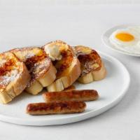 French Toast Combo · Two eggs, any style, four slices of vanilla-battered French toast with two bacon strips or t...