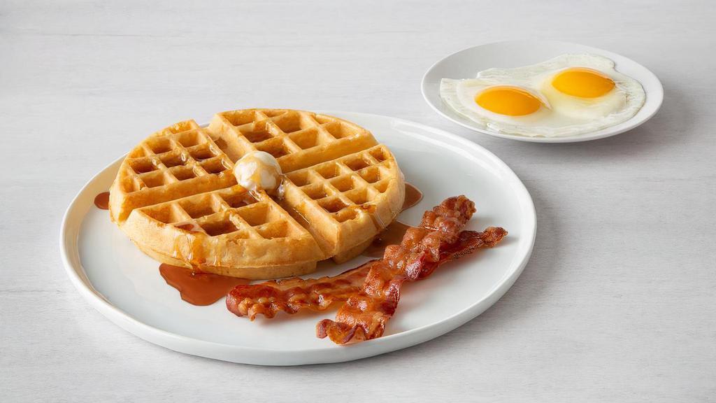 Belgian Waffle Combo · Two eggs, any style, and a Belgian waffle with two bacon strips or two sausage links..