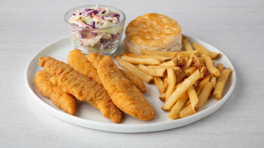 Chicken Tenders And Fries · Golden-fried chicken tenders served with French fries.