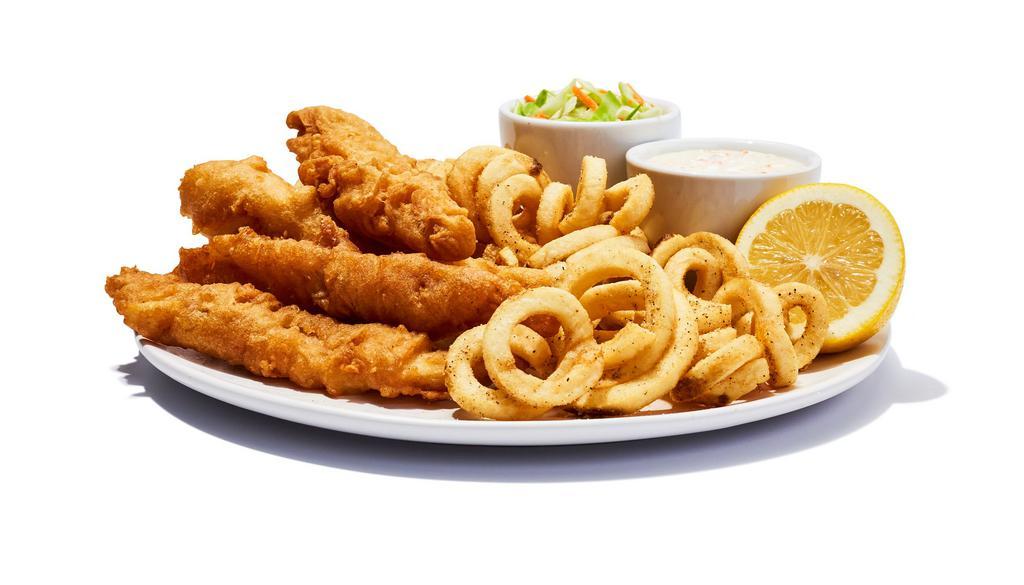 Fish & Chips · Battered and fried to crispy perfection, guv'ner. Served with housemade coleslaw and your choice of fries and tartar sauce. Substitute fries with onion rings or side salad.