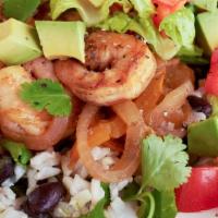 Shrimp Burrito Bowl · The bowl comes with salsa, lime cilantro rice, black or pinto beans, lettuce, cheese, pico d...
