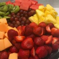 Fruit Tray · Cantaloupe, watermelon, grapes, pineapple and kiwi. Serves 10.