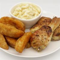 Chicken Combo Meal #1: Grilled Chicken Leg And Thigh, Potato Wedges, Macaroni Salad. · 