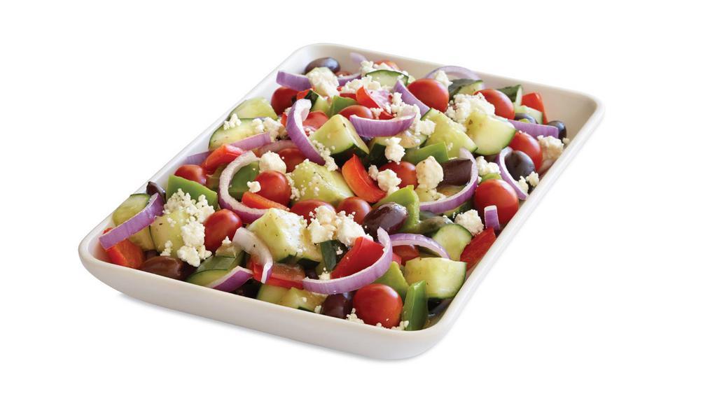 Greek Salad · Cucumbers, grape tomatoes, red onion, green, and red bell pepper, kalamata olives and feta tossed with a milanese vinaigrette.