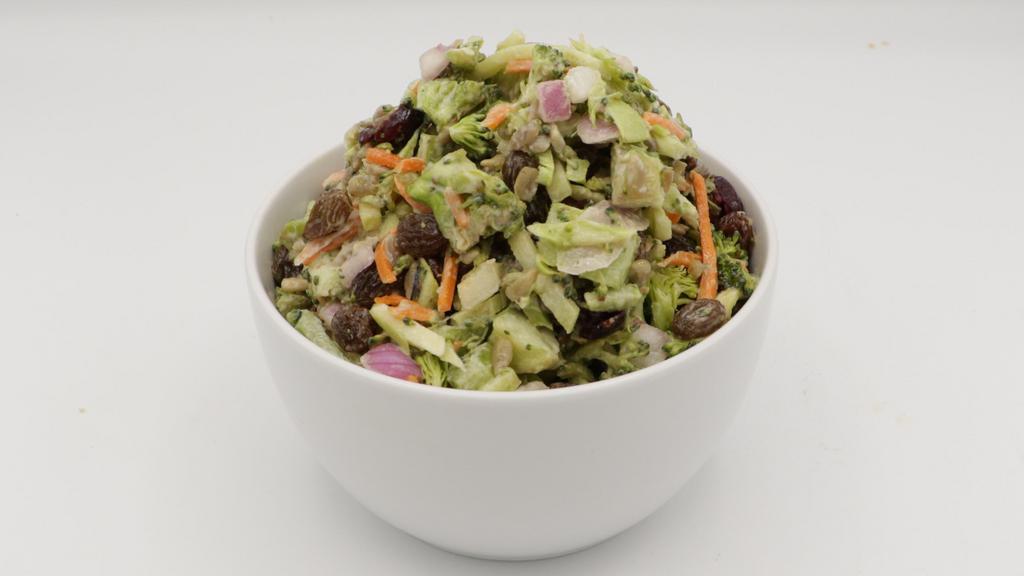 Crunchy Veggie (Broccoli) Salad (1 Lb.) · Fresh Broccoli, raisins, dried cranberries, roasted sunflower seeds, celery, carrots, and red onion tossed with a creamy coleslaw dressing.