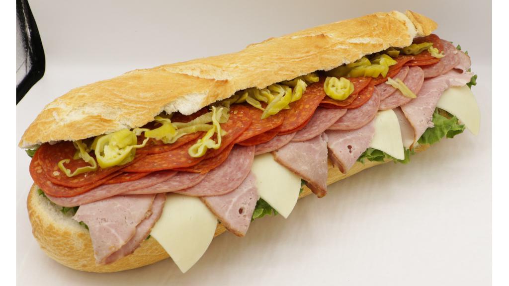 Italian Super Sub Sandwich · Honey Ham, Hard Salami, Pepperoni, Provolone, Pepperoncini & Leaf Lettuce on French Bread - No Bread Substitutions.