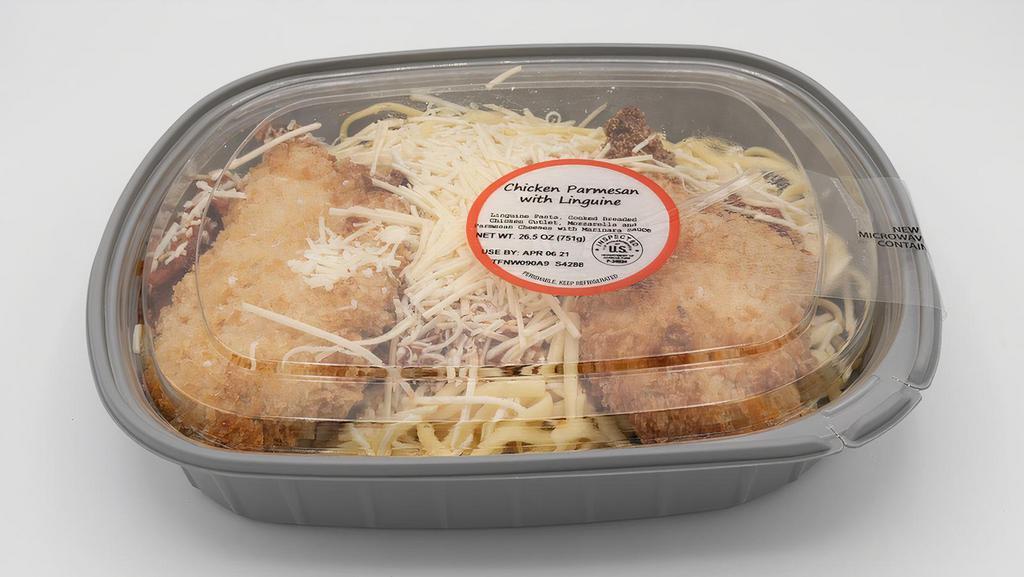 Chicken Parmesan With Linguine Family Meal · Linguine pasta, breaded chicken cutlet, Mozzarella and Parmesan cheese with marinara sauce.