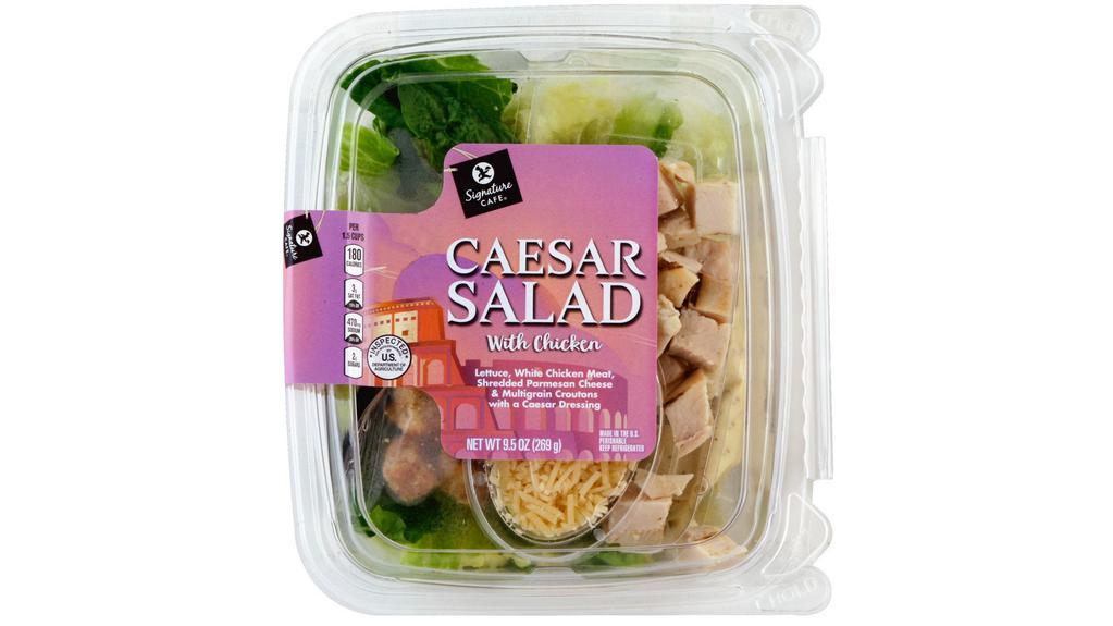 Signature Café Chicken Caesar Salad 9.5Oz · Romaine lettuce, white meat chicken, shredded parmesan cheese, multigrain croutons with a caesar dressing.