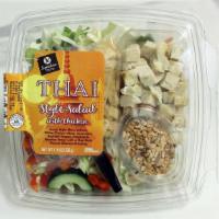 Signature Café Thai Salad 11.5Oz · Asian style slaw, lettuce, white chicken meat, cucumber, red bell pepper, peanuts & wonton s...